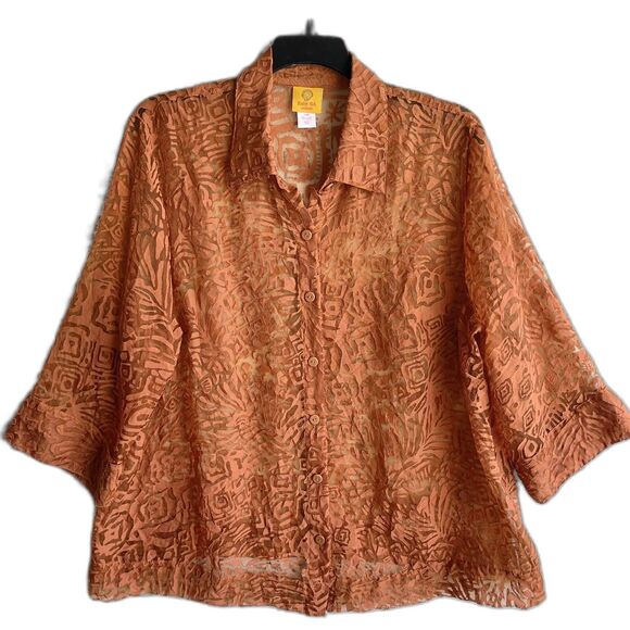 Ruby Rd Sheer Top Plus Size 20 Short Sleeve Button Up Tropical Floral Rust Brown - Picture 1 of 10